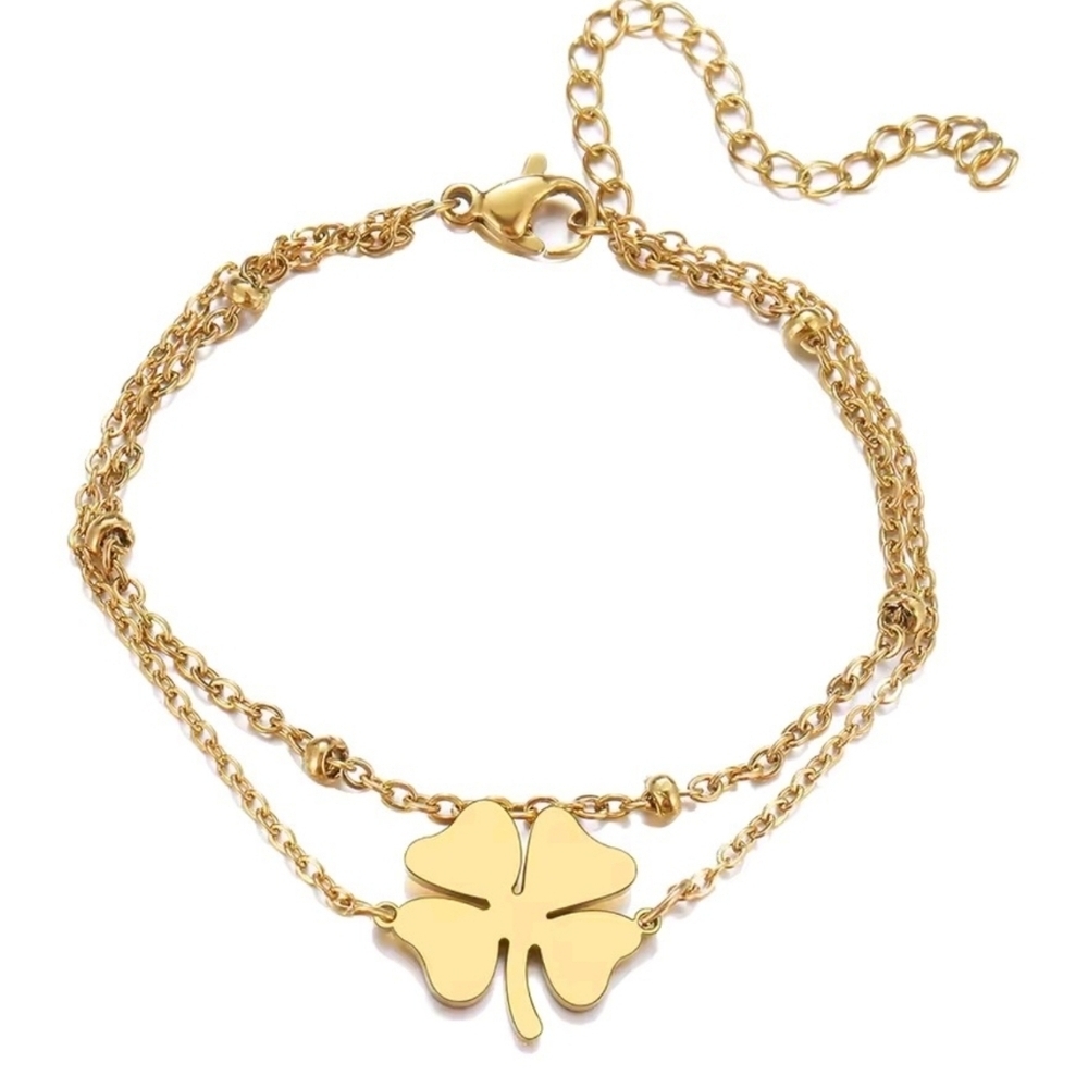 Gold Four Leaf Clover Double Layer Bracelet Dainty Lucky Charm Jewelry